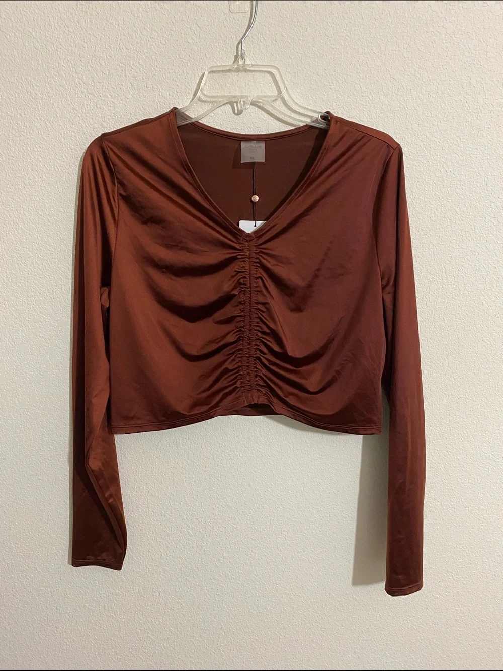 CALIA Shiny Brown Ruched Long Sleeve Rash Guard Swim Top UPF 50 Women's Size XL